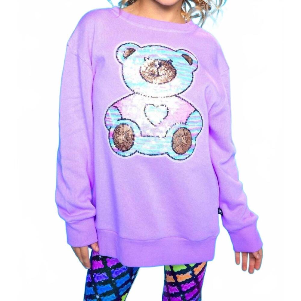 NEW PIXIE LANE soft french terry oversized sweatshirt in neon violet sequin bear